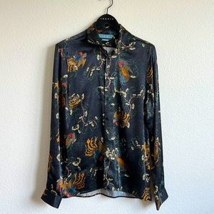 Zara Long Sleeve Button Up Dress Shirt, medium, dark blue/orange